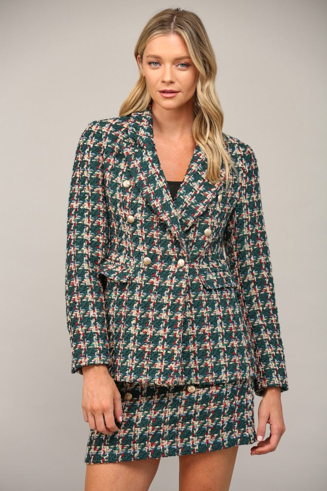 plaid tweed double breasted blazer