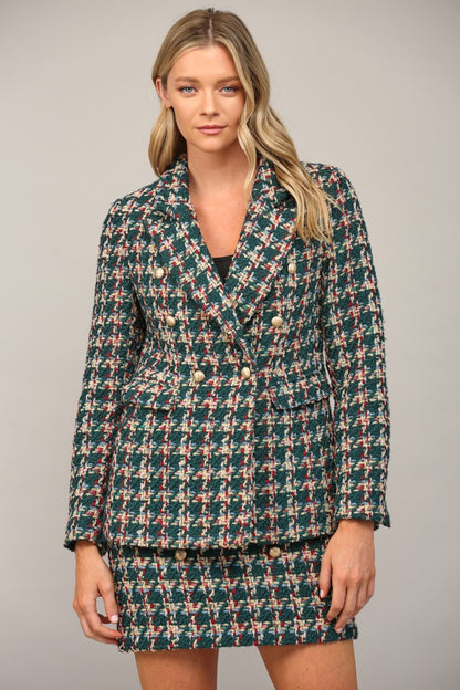 plaid tweed double breasted blazer