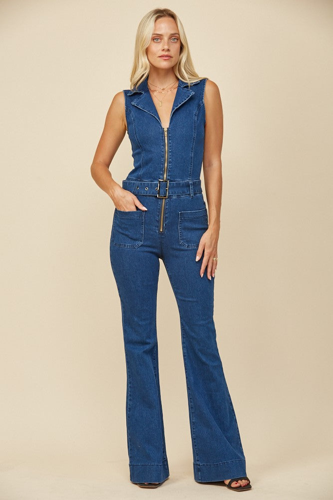 denim sleeveless flare leg jumpsuit