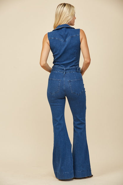 denim sleeveless flare leg jumpsuit