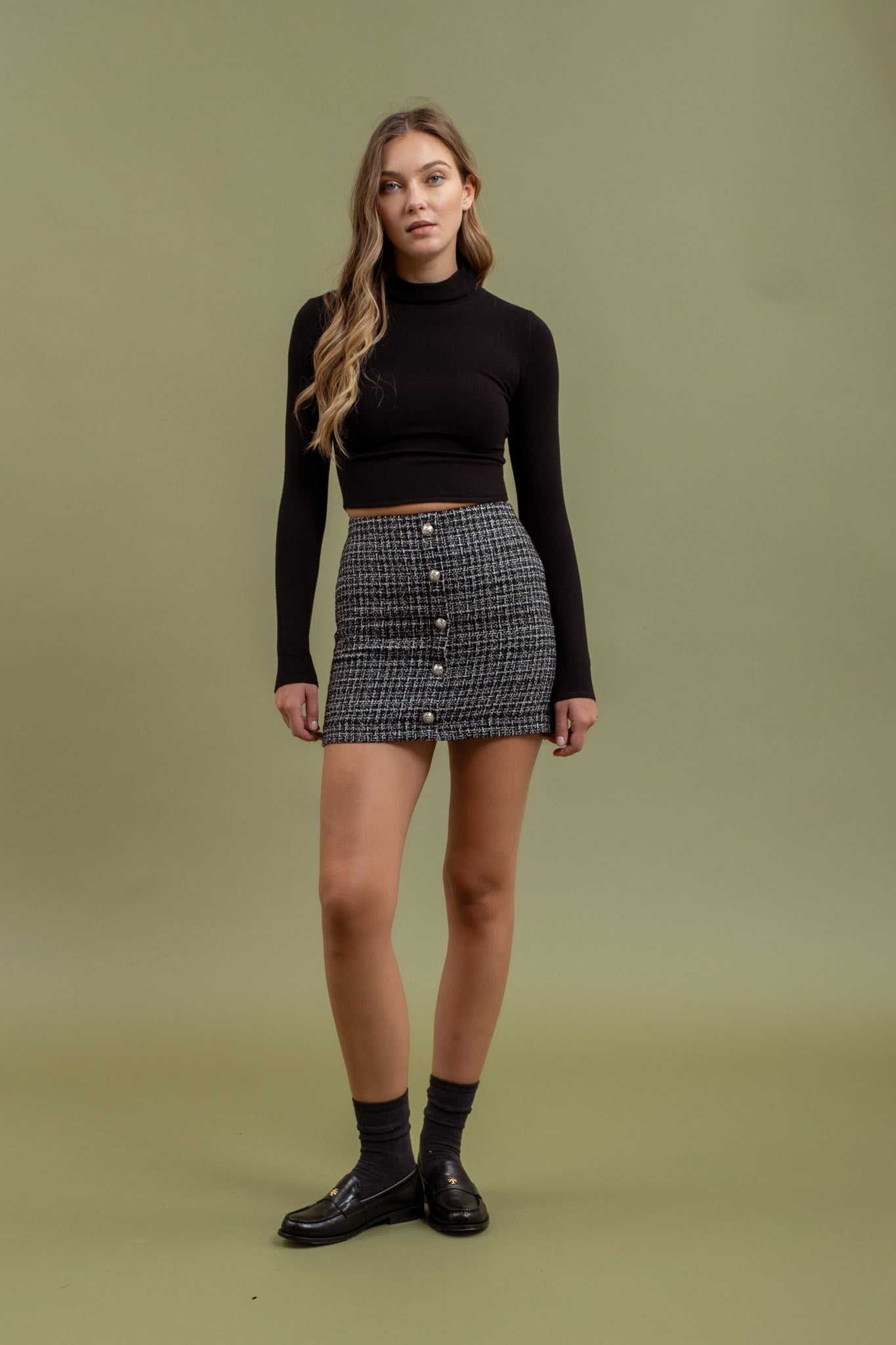 tweed button down mini skirt