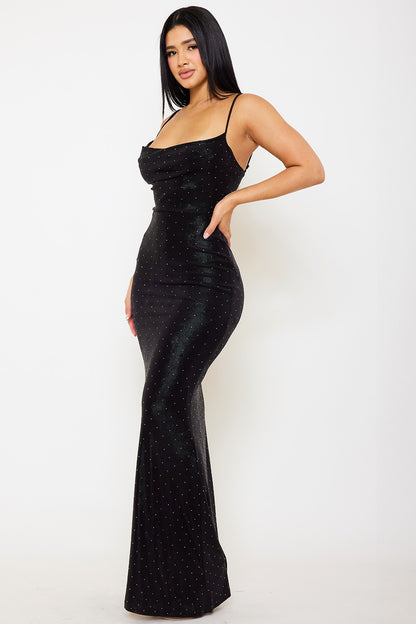 metallic cowl neck open back maxi dress