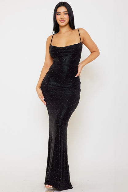 metallic cowl neck open back maxi dress