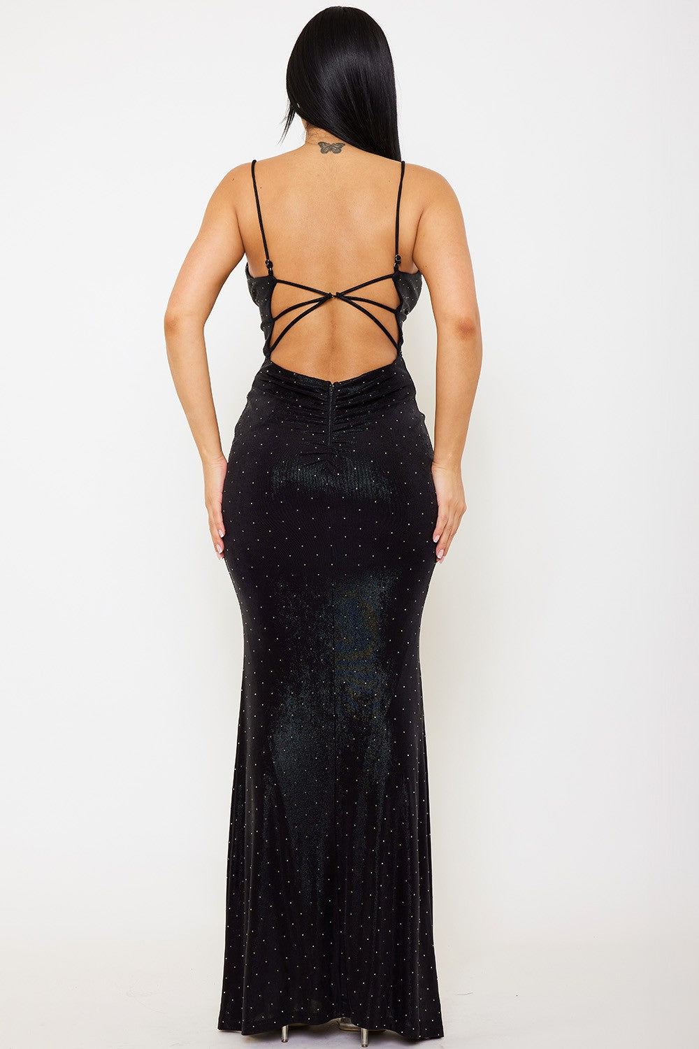 metallic cowl neck open back maxi dress