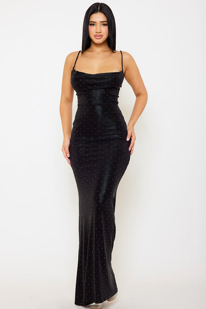 metallic cowl neck open back maxi dress