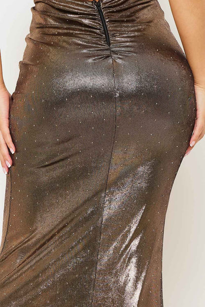 metallic cowl neck open back maxi dress