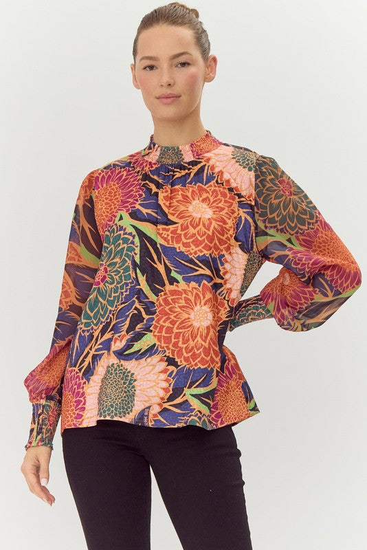 satin floral print long sleeve blouse