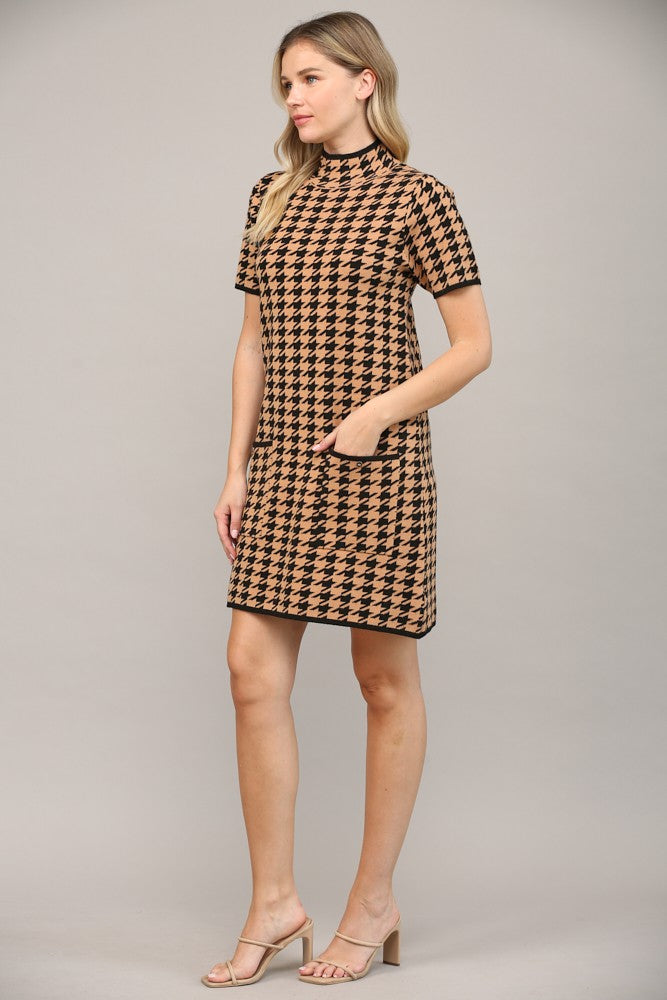 mock neck houndstooth short sleeve sweater dress