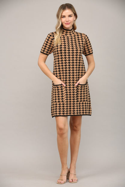 mock neck houndstooth short sleeve sweater dress