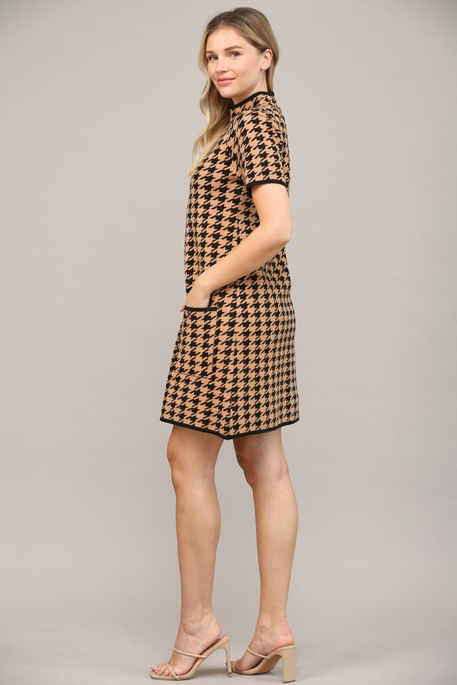 mock neck houndstooth short sleeve sweater dress