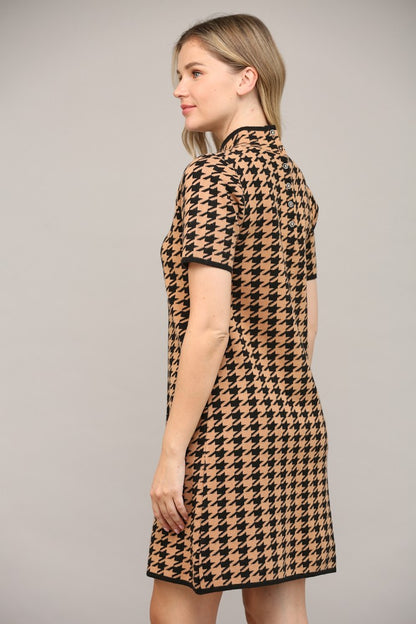 mock neck houndstooth short sleeve sweater dress