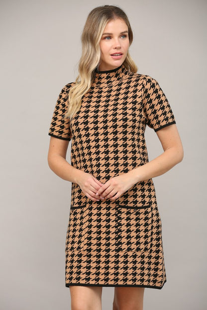 mock neck houndstooth short sleeve sweater dress