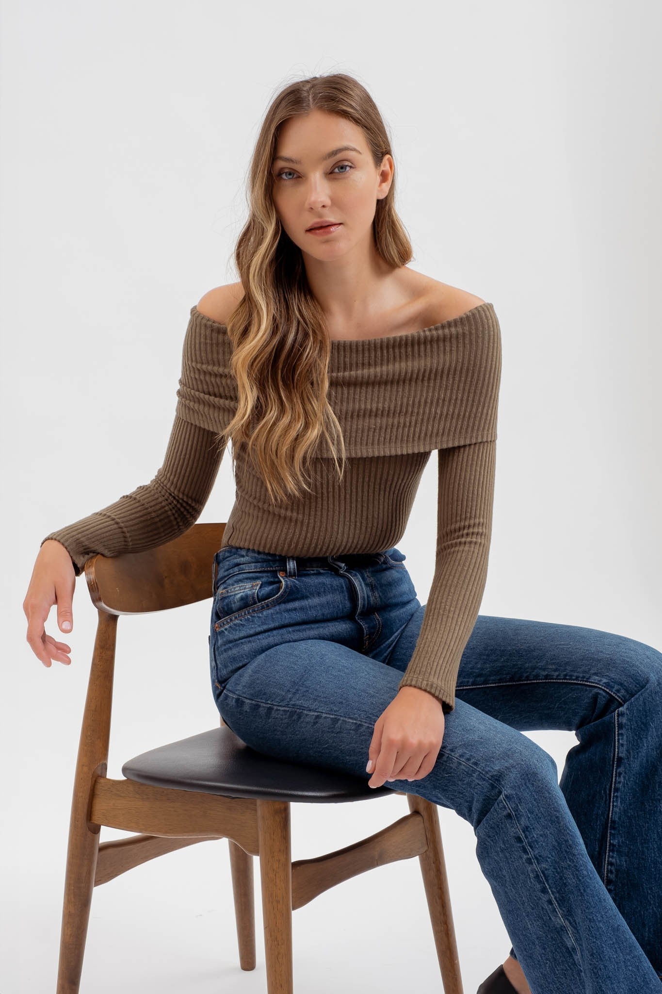 fold over off the shoulder ribbed knit top