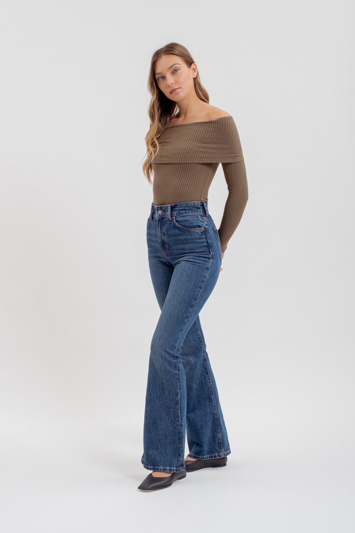 fold over off the shoulder ribbed knit top