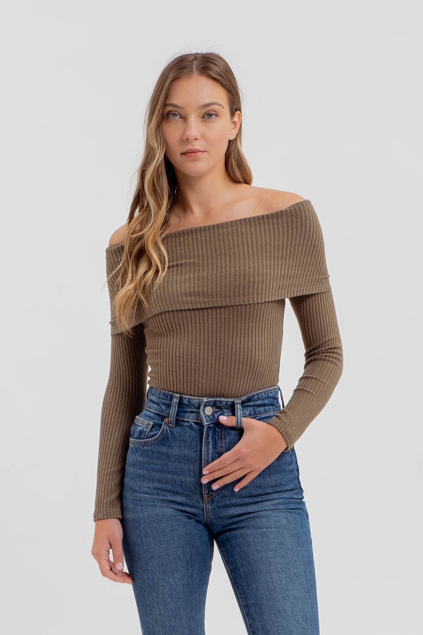 fold over off the shoulder ribbed knit top