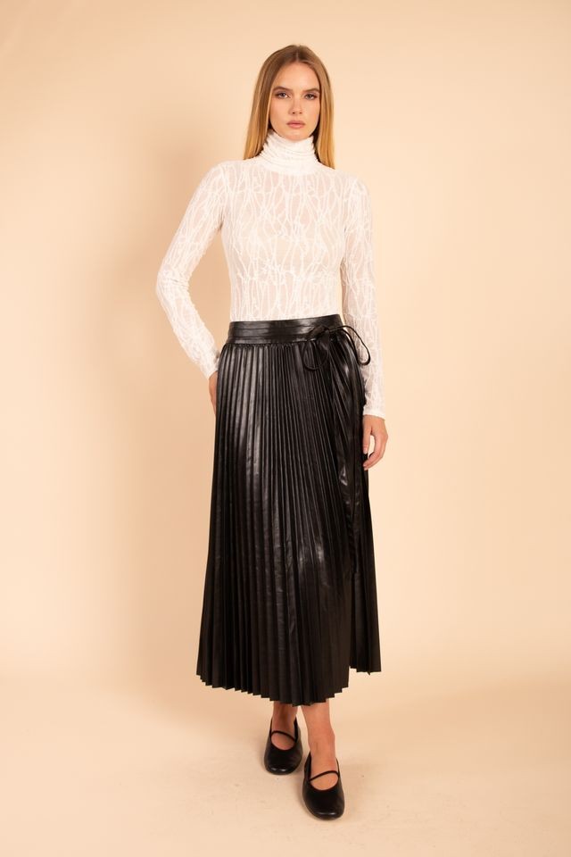 faux leather pleated midi skirt