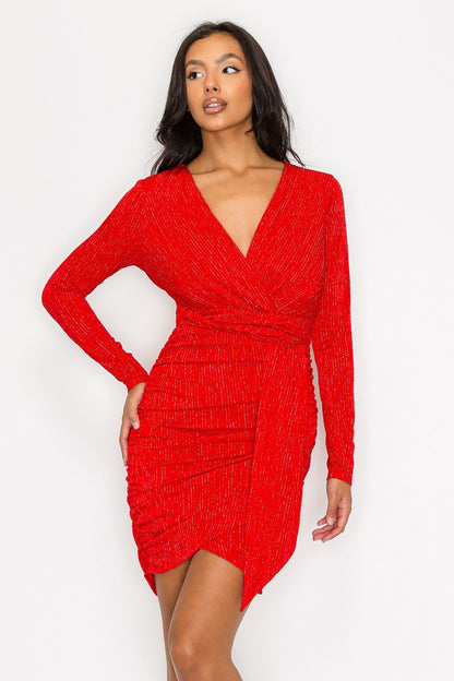 Glitter Overlapping Long Sleeve Mini Dress