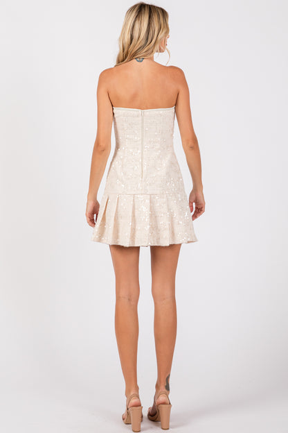 pleated hem sequin tweed strapless dress