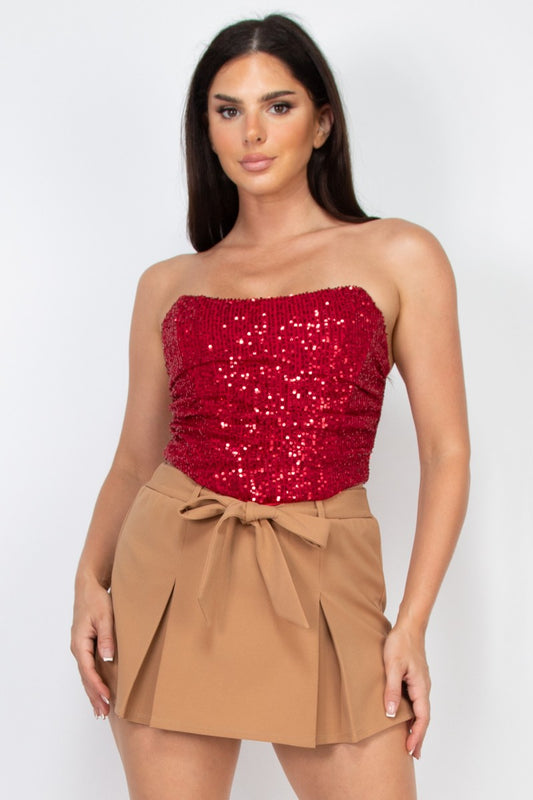 Shirred Sequin Strapless Top