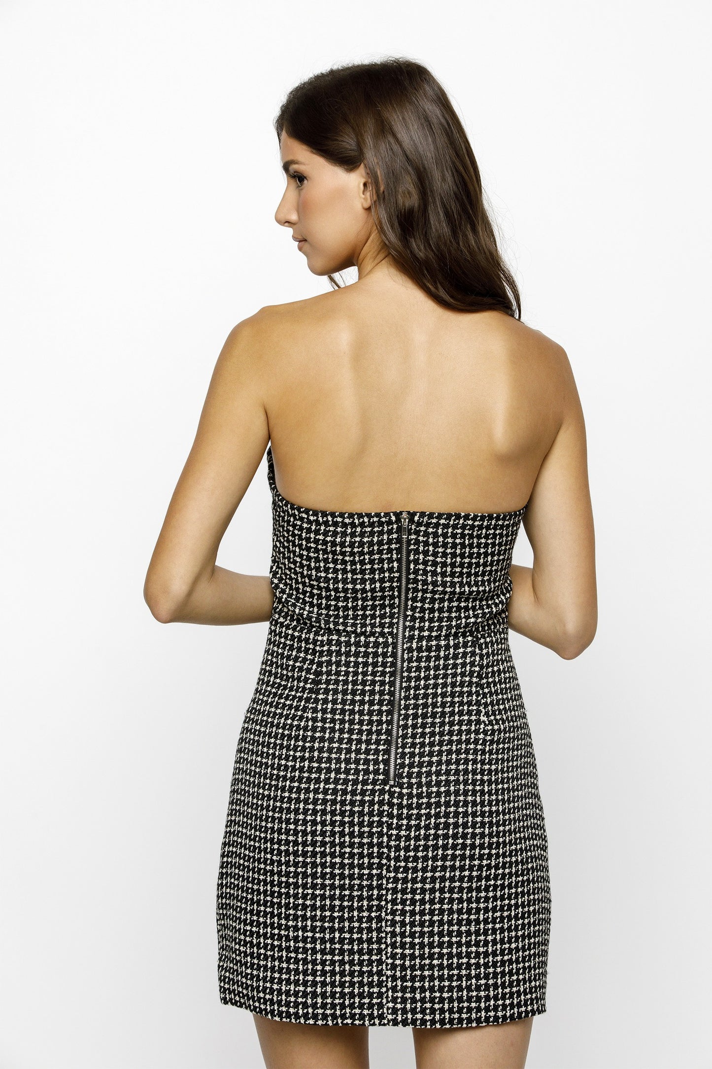 strapless houndstooth bow dress