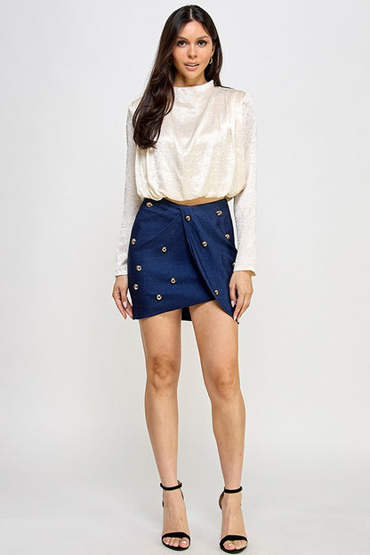 Gold Ball Pleated Detail Mini Skirt