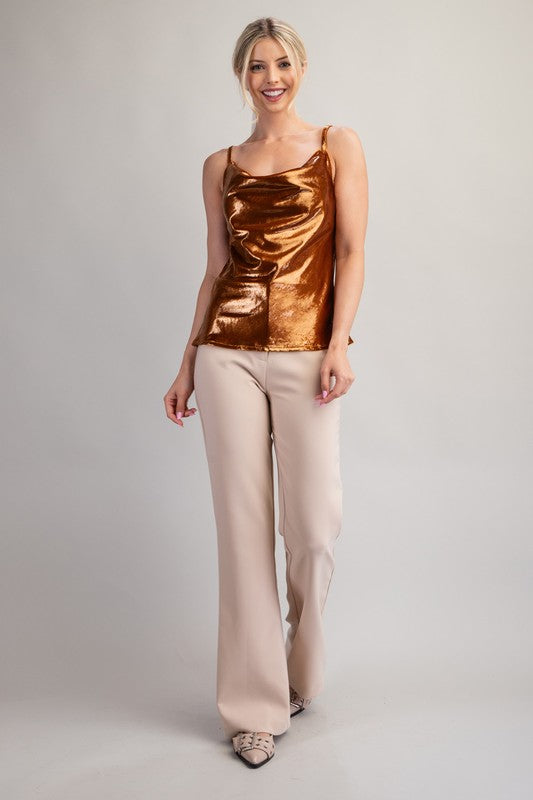 Metallic Cowl Neck Spaghetti Strap Top