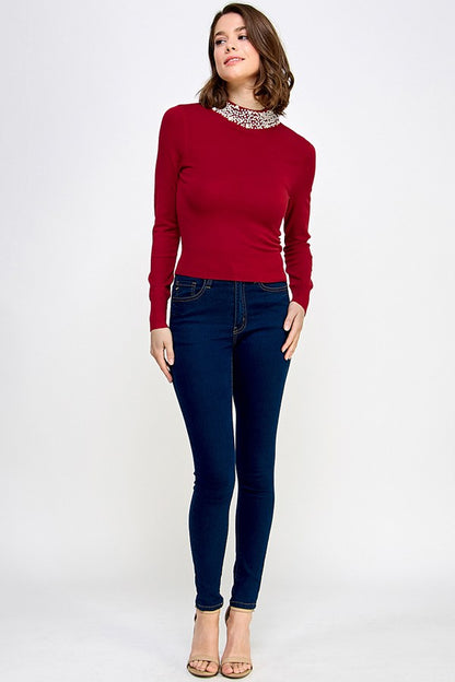 pearl embellished neck long sleeve knit top