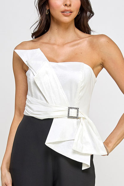 Color Block Strapless Pleated Sash Jumpsuit