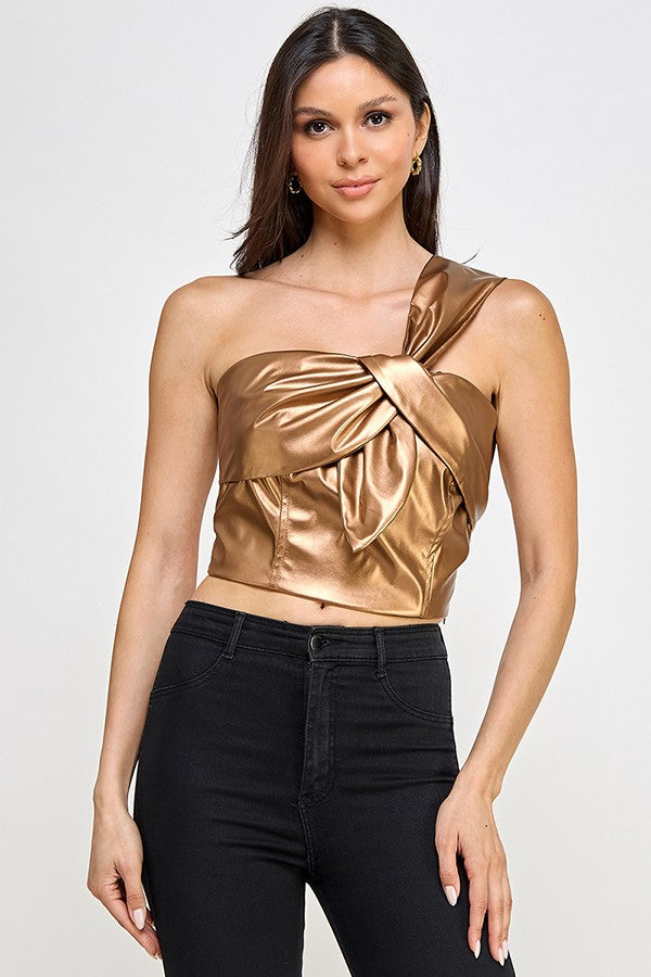 Faux Leather One Shoulder Crop Top