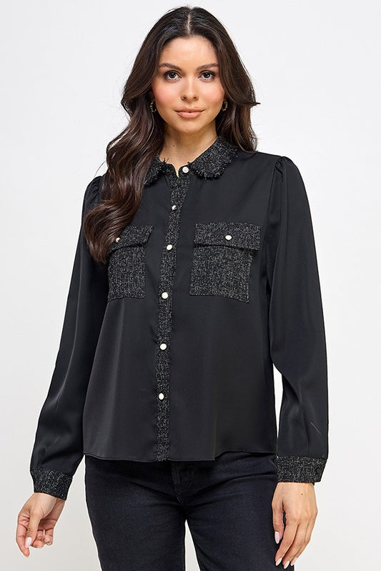 tweed contrast pocket button up blouse