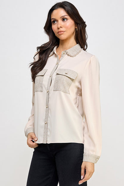 tweed contrast pocket button up blouse