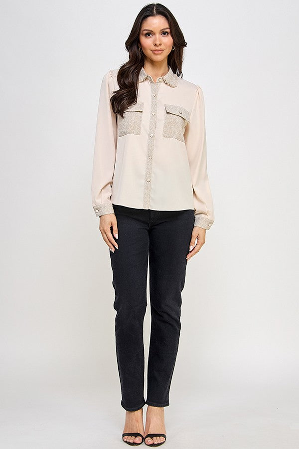 tweed contrast pocket button up blouse