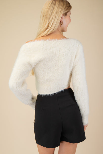 fuzzy off one shoulder crop sweater