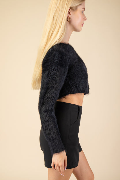 fuzzy off one shoulder crop sweater