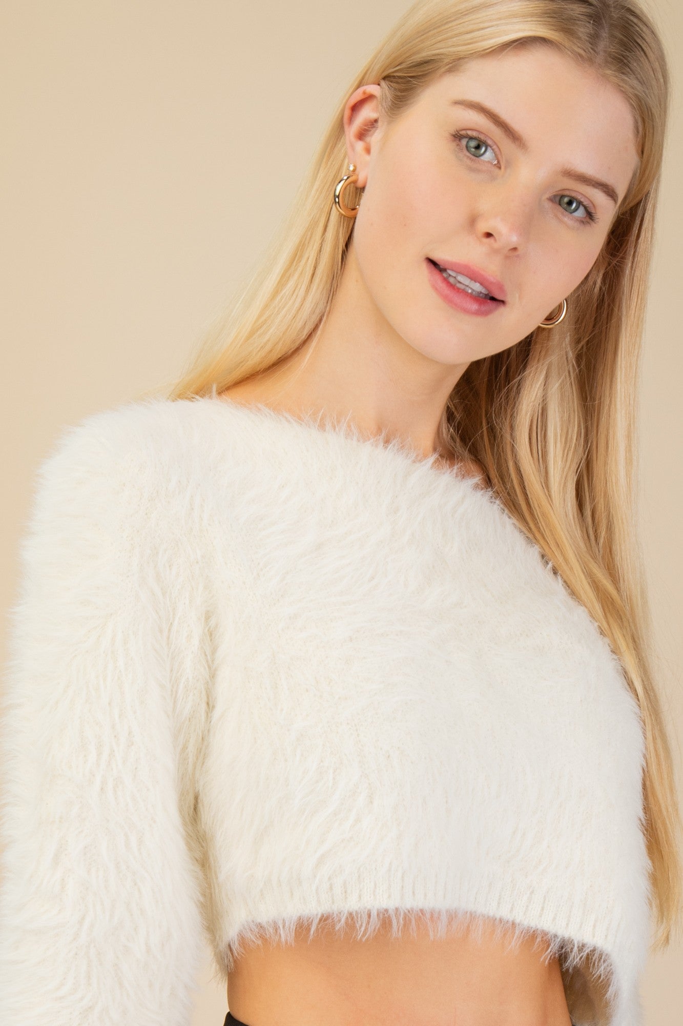 fuzzy off one shoulder crop sweater