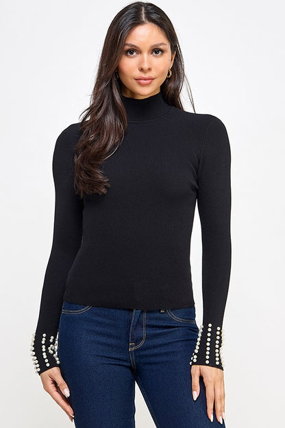 Pearl Cuff Mock Neck Sweater Top