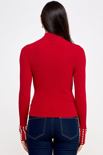 Pearl Cuff Mock Neck Sweater Top