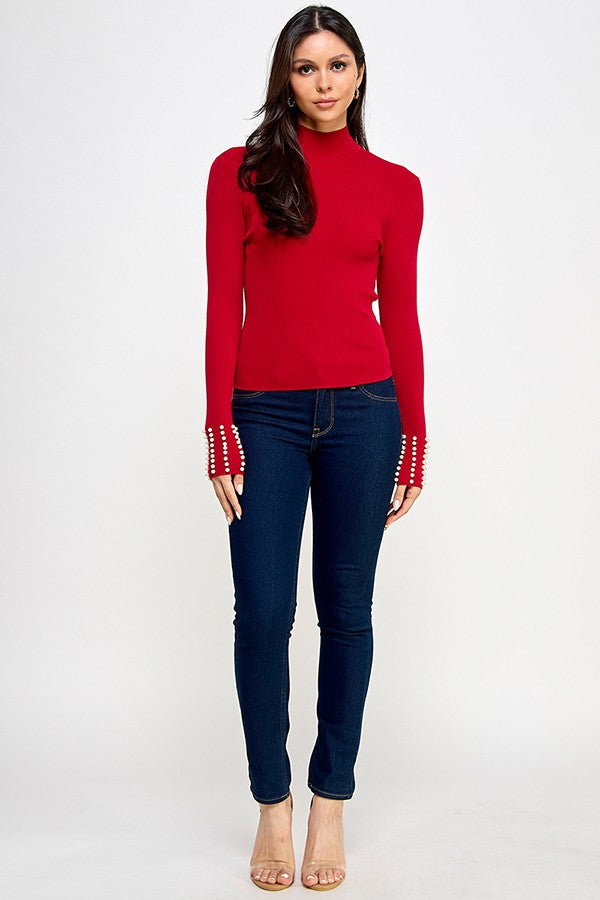 Pearl Cuff Mock Neck Sweater Top