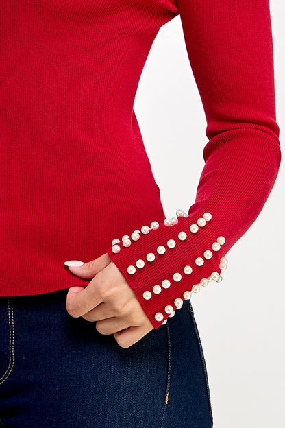 Pearl Cuff Mock Neck Sweater Top