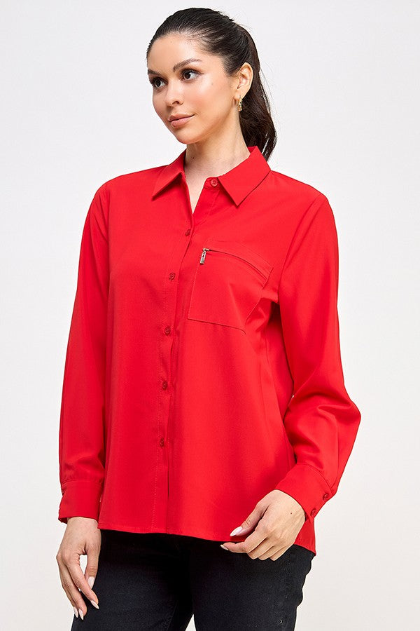 Long Sleeve Button Down Pocket Top