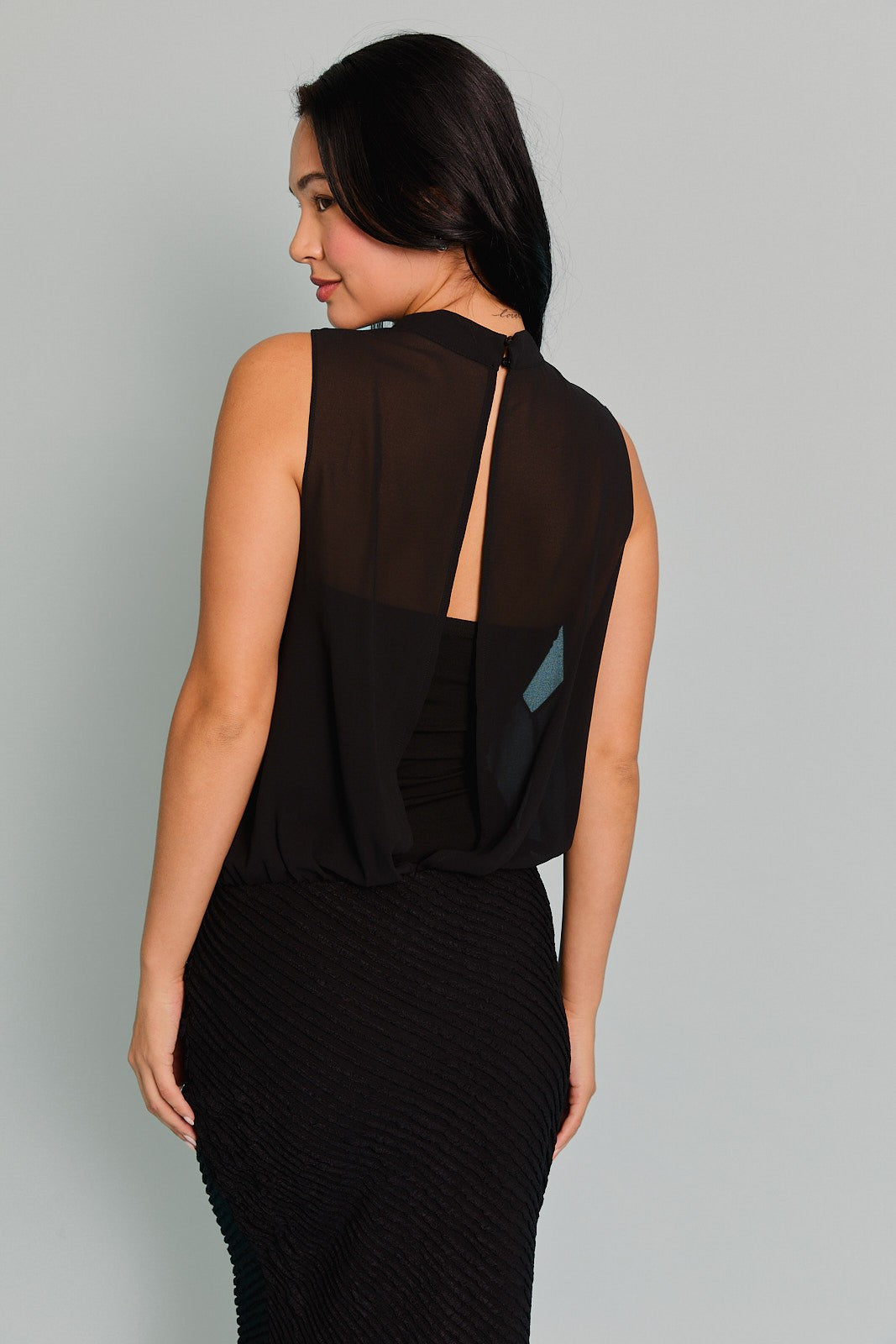 cowl neck sheer layered sleeveless bodysuit