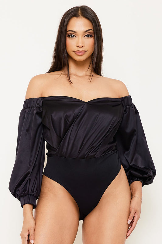 satin surplice off the shoulder bodysuit