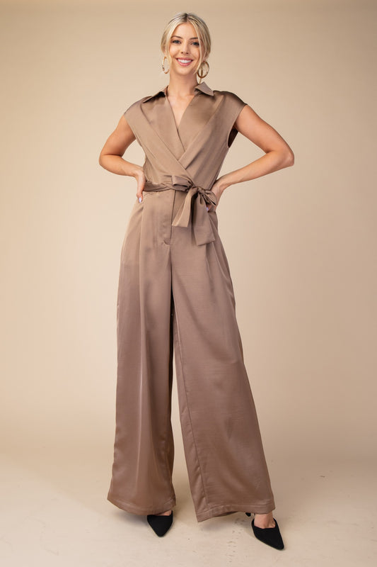 satin surplice wide leg jumpsuit