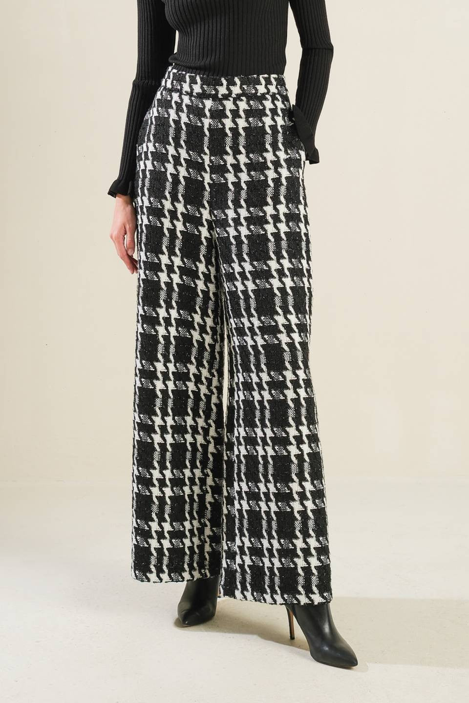 lurex plaid tweed wide leg pants