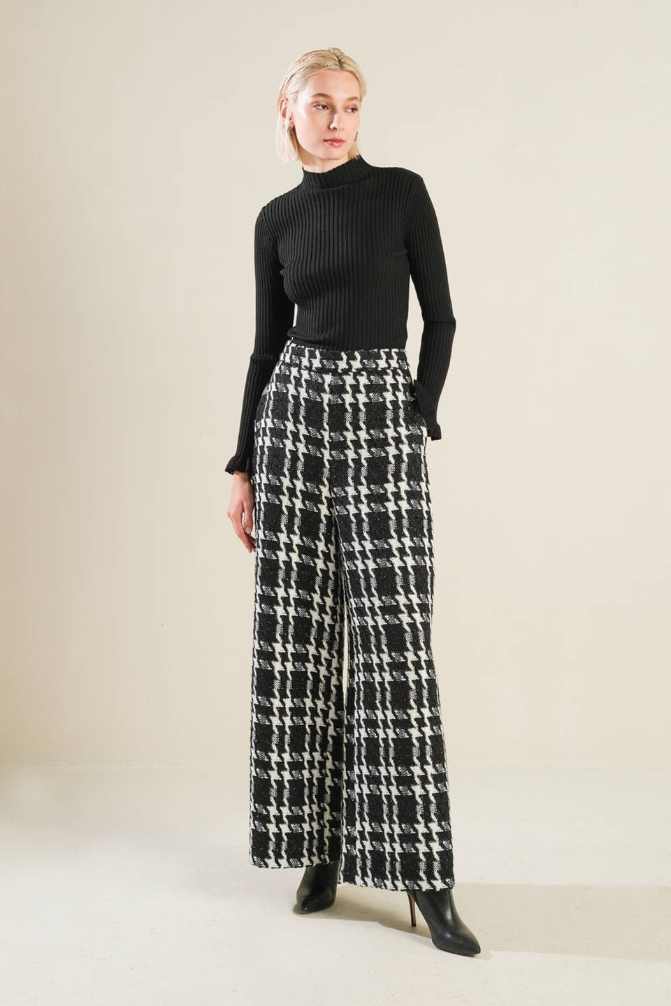 lurex plaid tweed wide leg pants