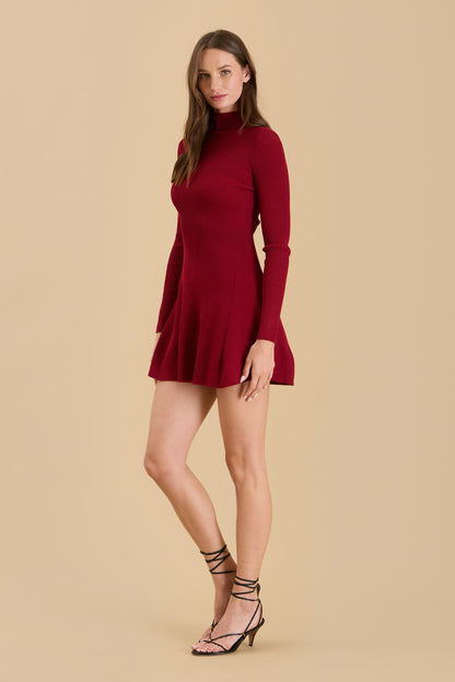 knit mock neck flare mini dress