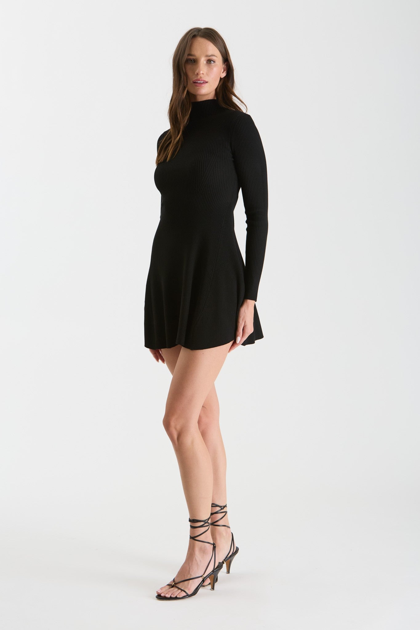 knit mock neck flare mini dress