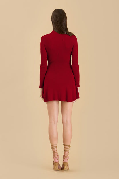 knit mock neck flare mini dress