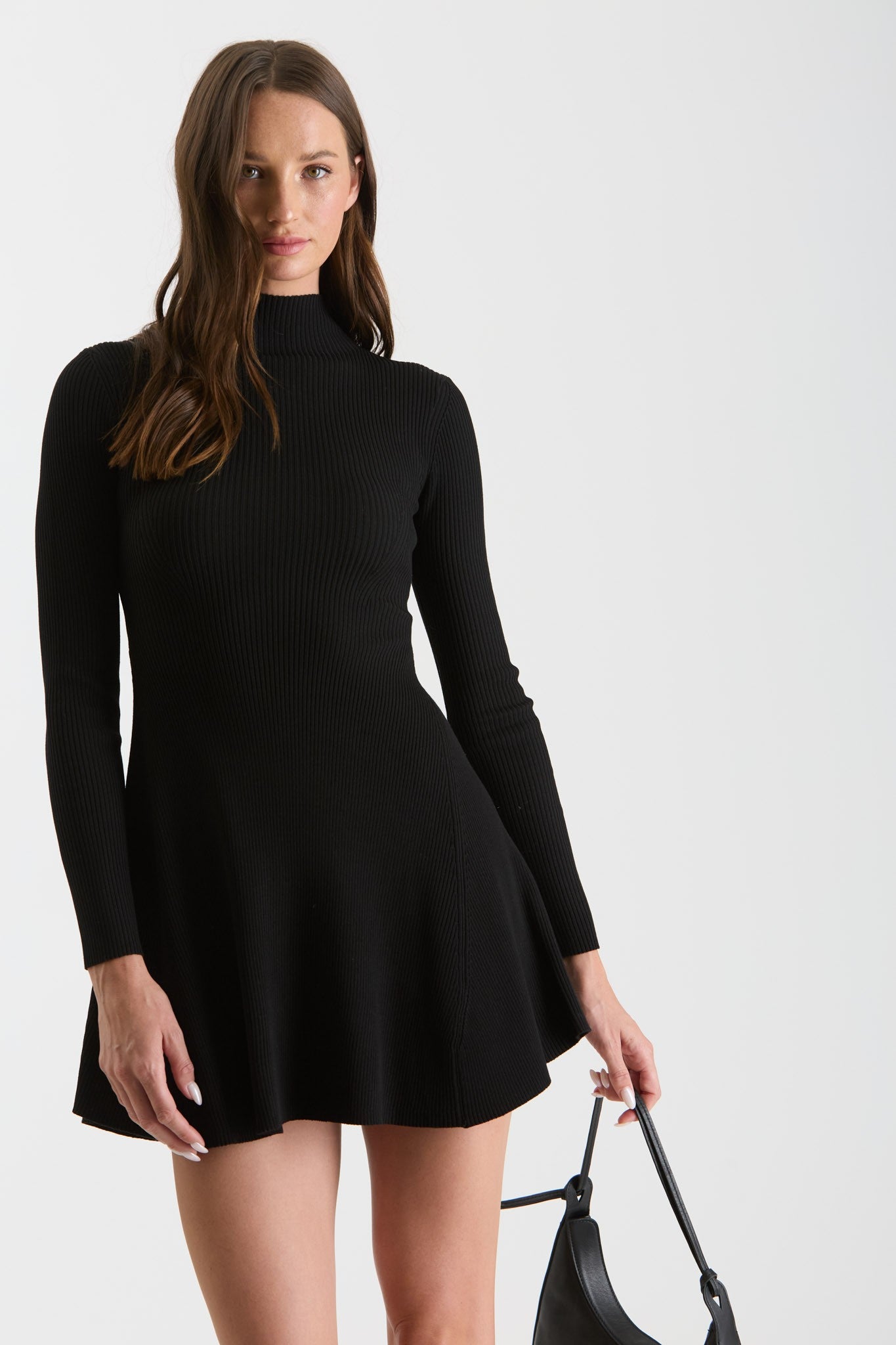 knit mock neck flare mini dress