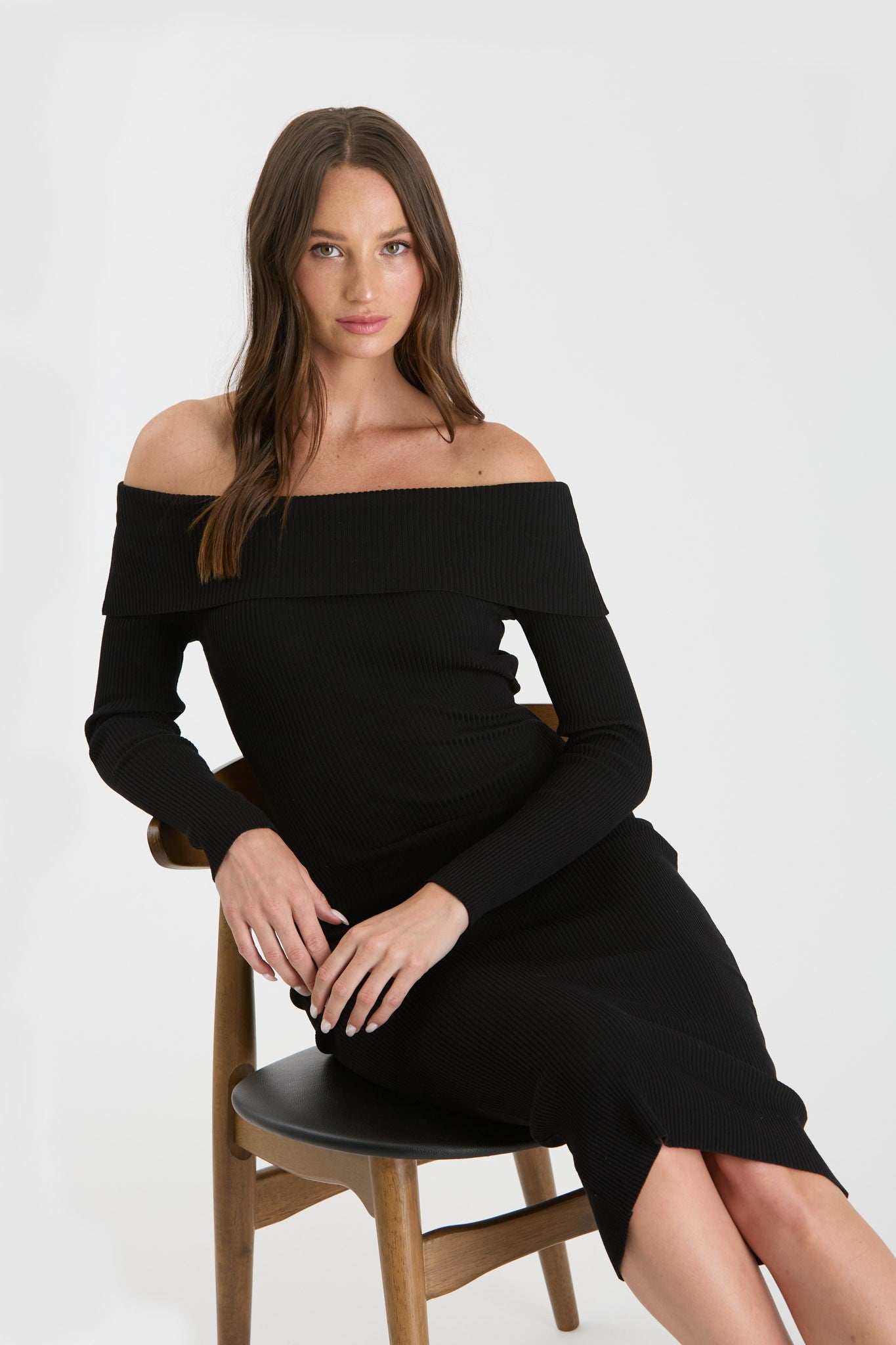 off the shoulder ribbed midi dress